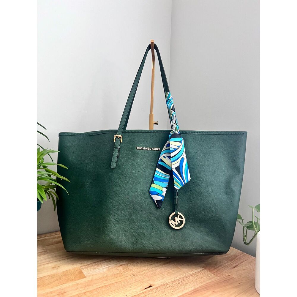 Michael Kors Jet Set Travel Large Tote Hunter Green Saffiano Leather Gold MK
